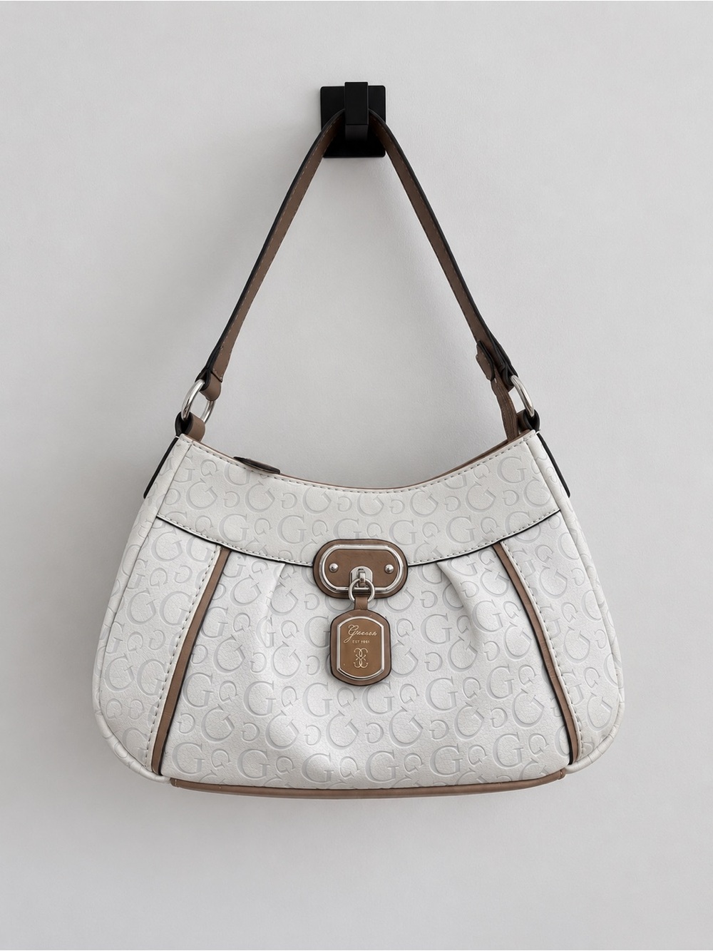 Y2K Guess Monogram Ivory Hobo Shoulder Bag with Tan Trim